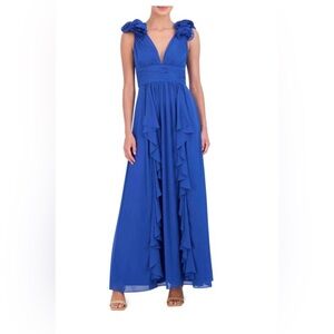 Eliza J rosette shoulder ruffle empire gown, pleated v-neck evening dress